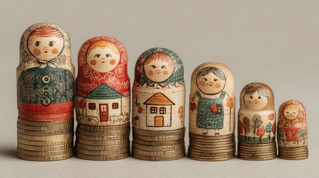 Nested wooden dolls, painted, on coins