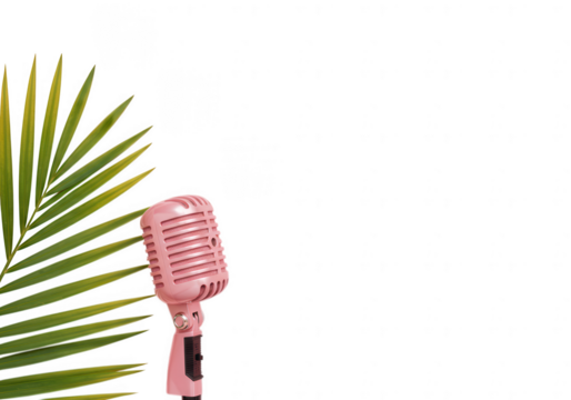 Retro pink microphone with green palm leaf isolated on transparent background