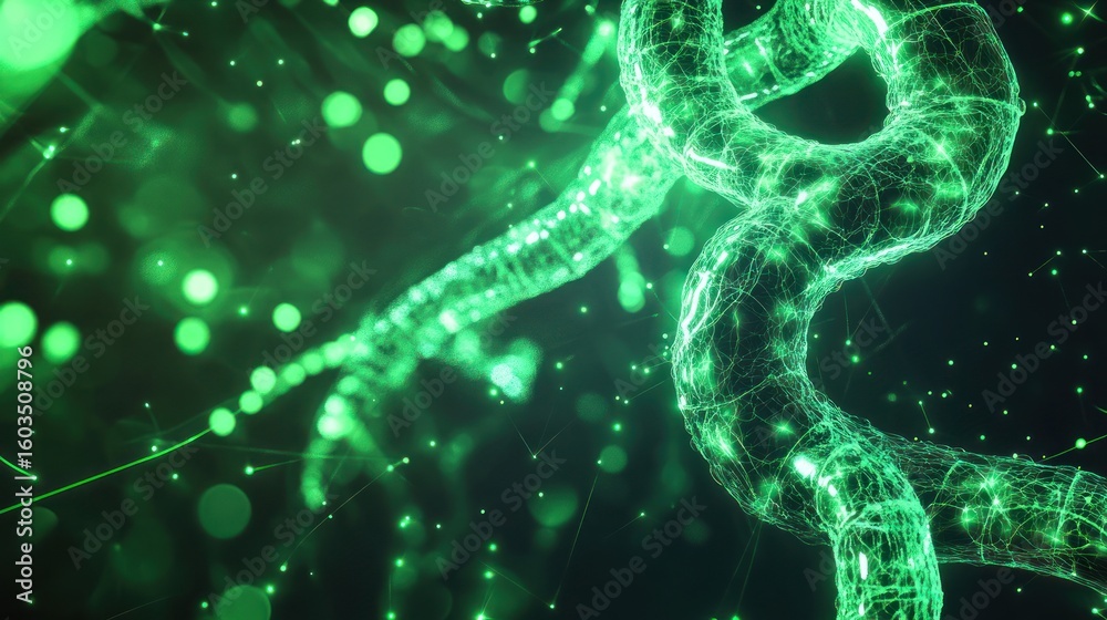 Aufkleber A close up of a glowing green interconnected network structure with bokeh and particle effects in dark space