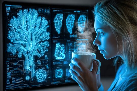 Woman analyzing futuristic medical technology on digital screen while drinking coffee in a high-tech environment