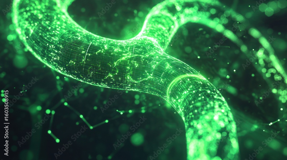 Poster a glowing green interconnected network structure with abstract particle connections and dark backgro