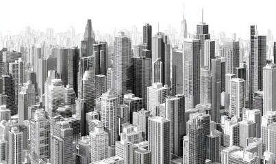Monochromatic aerial cityscape; dense, high-rise buildings
