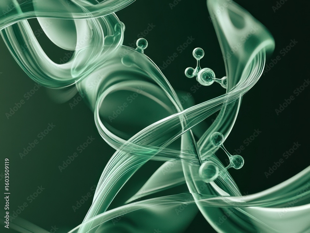 Fototapete Abstract green rendering featuring swirling shapes and molecular structures on a dark background