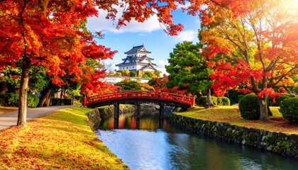 Autumnal Japanese castle scenery
