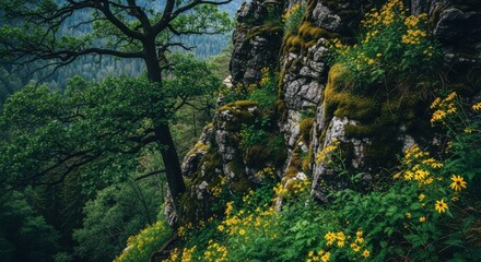 Fototapeta premium A lush forest scene with a large tree growing on a mosscovered rocky cliff adorned with yellow wildflowers