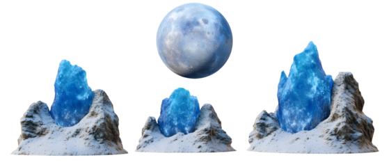 Distant Planet Fantasy Landscape Featuring Blue Crystals Moon And Snowy Mountains Against Transparent Background