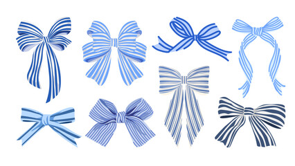 Hand Drawn Vector Collection of Vintage Coquette Blue and White Striped Bows  Illustrations