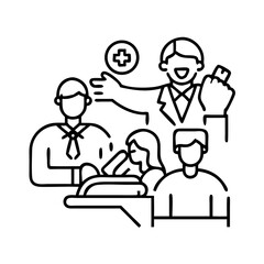 Line art depicting doctors and dentist providing medical care and treatment for patients