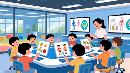 Children learning about health and nutrition in a smart classroom with digital tablets and interactive screens
