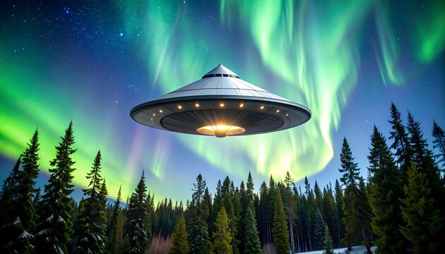 UFO over a forest under auroras