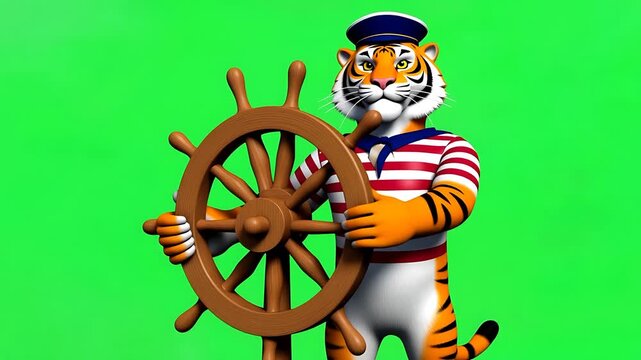 Cartoon Tiger Sailor Captain Holding Ship's Wheel on Green Screen
