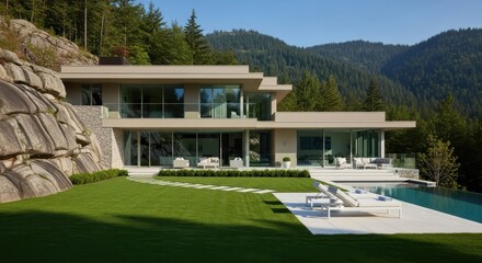 A luxurious modern mansion with large glass windows, a swimming pool, and a lush green lawn against a mountain backdrop