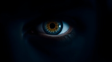 Fototapeta premium A hyper-realistic close-up of a human eye with an iris of digital data streams, a visionary concept of AI, technology, and interconnectedness.