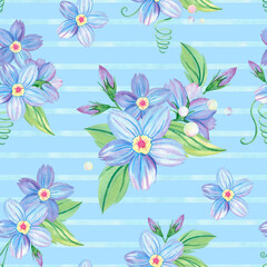 Seamless blue flower and green leaf pattern on striped background, dew, pearl, bubble. Forget-me-not endless backdrop. Hand drawn floral watercolor repeating illustration for textile, wrapping