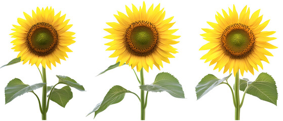 Obraz premium Three Sunflowers With Yellow Petals And Green Leaves Isolated Against Transparent Background