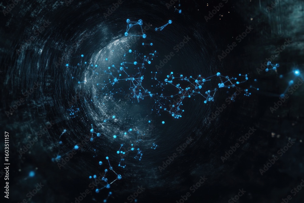 Poster a dark swirling vortex with interconnected blue spheres and lines creating a network like structure