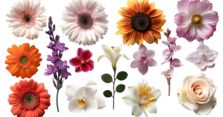 Vibrant flowers blossom in a colorful collage. Use for design, cards, banners, marketing, web projects, or editorial content about nature and beauty.