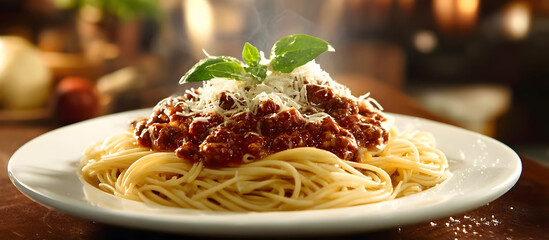 Spaghetti Bolognese with rich meat sauce and melted cheese topped with fresh basil served on a white plate against a warm kitchen background