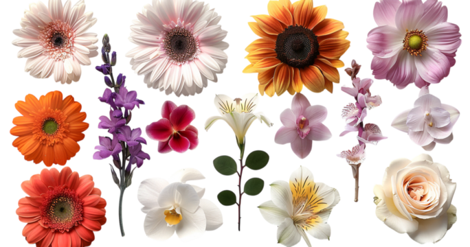 Vibrant flowers blossom in a colorful collage. Use for design, cards, banners, marketing, web projects, or editorial content about nature and beauty.