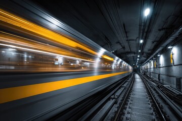 Fototapeta premium A high-speed train streaks through a dark, urban subway tunnel, its lights blurring into streaks of yellow and white against the gray concrete walls and tracks