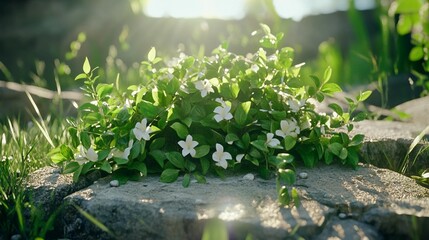 Naklejka premium Small cluster of white flowers and greenery on a rock, bathed in sunlight