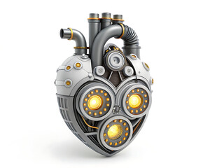 A detailed mechanical heart with pipes and lights on a white background in a studio setting