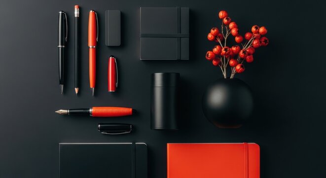 A sophisticated collection of black and red stationery, including pens, notebooks, and a decorative vase with berries