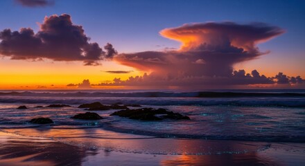 Obraz premium A dramatic sunset paints the sky with vibrant colors over the ocean, with waves crashing on a rocky shore