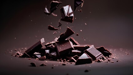 Chunks of rich, broken dark chocolate cascade through the air against a deep, moody backdrop.