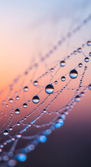 A hyper-realistic macro shot of delicate water droplets on a glowing spiderweb at dawn, refracting a rainbow and showing nature's intricate beauty.