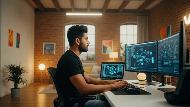 Focused programmer working on complex coding project at modern home office setting