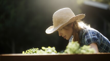 A gardener in a sunhat carefully tends to potted plants in a wooden planter box, surrounded by warm sunlight filtering through greenhouse glass.