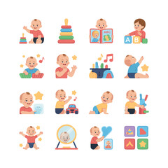 Collection of adorable cartoon babies playing with colorful educational toys and blocks on a white background