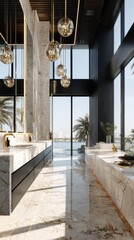 Modern bathroom featuring marble counters, gold fixtures, and large windows overlooking palms