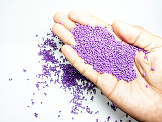 Color pigment granules, purple masterbatch on palm, isolated on white background, suitable as product catalog design for plastic manufacturing industry company profile