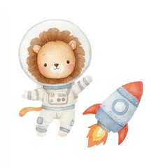 Cute Lion Astronaut in Spacesuit with Rocket