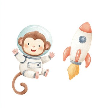 Cute Monkey Astronaut and Rocket Ship