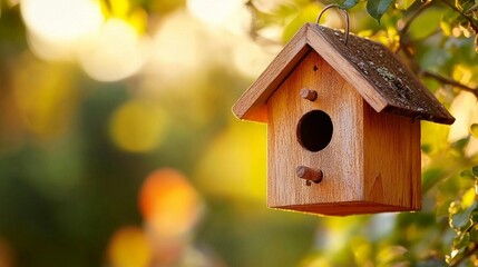 Wooden birdhouse hanging from a tree branch, bathed in warm sunlight