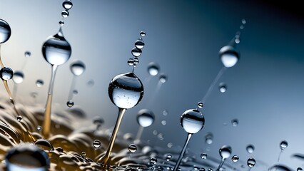 Macro view of transparent water droplets suspended on thin filaments against soft gradient background. Nature concept
