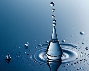 Single water droplet suspended in mid-air forming splash and ripples on calm blue surface. Nature concept
