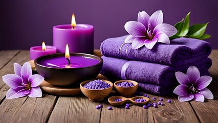 Purple spa towels candles and flowers arranged with bowls of salt on wooden table surface. Wellness concept
