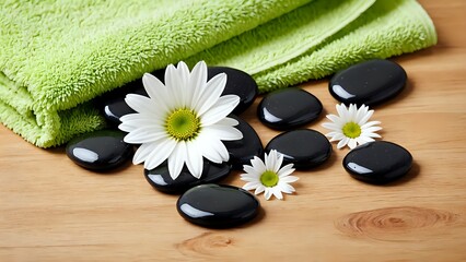 White daisy flowers with black massage stones on soft green spa towel over wooden background. Wellness concept
