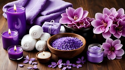 Purple spa relaxation set with candles flowers bath salts and towels on wooden surface. Wellness concept
