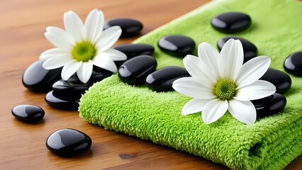 White daisy flowers with smooth black massage stones resting on green towel over wooden surface. Wellness concept
