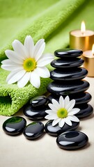 Stacked black massage stones with white flowers and burning candles on spa towel background. Wellness concept
