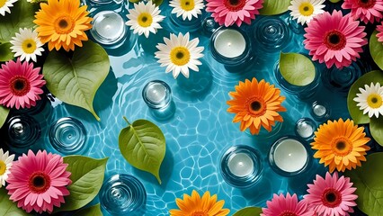 Various colorful gerbera flowers and green leaves floating on crystal clear blue pool water. Nature concept
