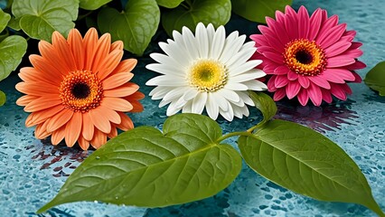 Colorful gerbera flowers with green leaves placed on calm blue water surface. Nature concept
