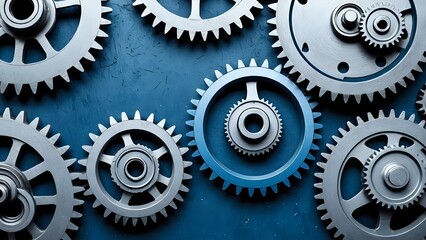 Closeup of multiple interlocking metal gears on blue background symbolizing teamwork, mechanics, and industrial engineering. Technology concept
