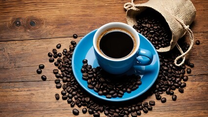 Hot black coffee in blue ceramic cup with scattered roasted coffee beans and burlap sack on rustic wooden table. Food and drink concept
