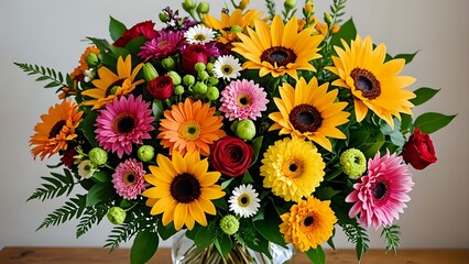 Lush bouquet of sunflowers, daisies, and gerberas arranged in clear glass vase on wooden table indoors. Floral concept
